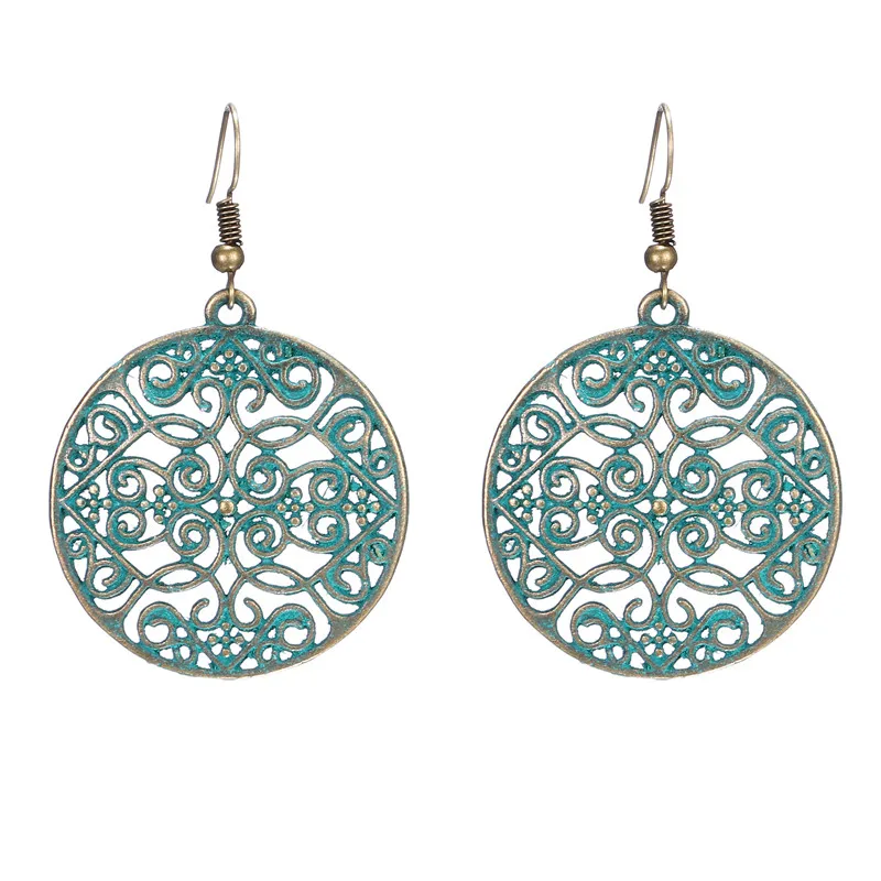 2019 Boho винтажные полые резные бронзовые серьги из сплава круглые антикварные