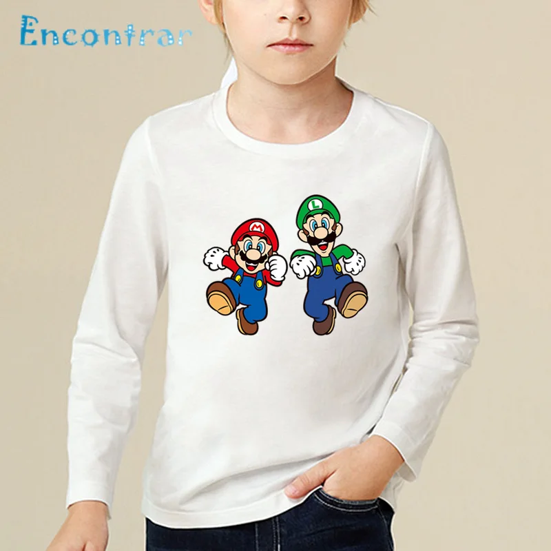 white-E Забавная детская футболка с принтом «Super Mario Bros» топы с длинными рукавами для маленьких мальчиков и девочек, детская Милая Белая футболка LKP5222 - Цвет: white-E