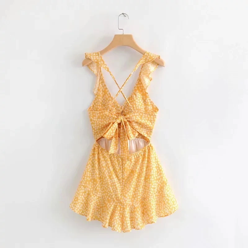Summer rompers womens jumpsuit Sexy ruffle backless yellow playsuit Vintage boho floral beach women clothes 2019 | Женская одежда