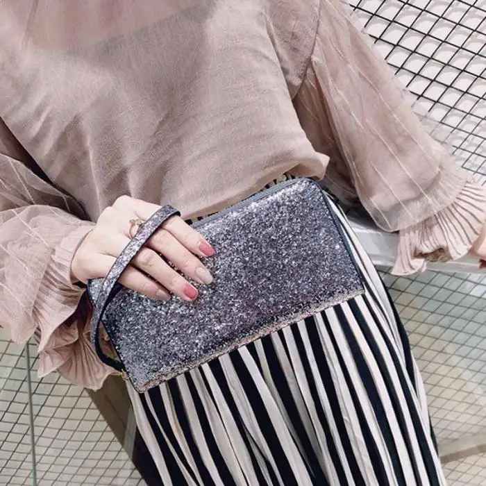 Hot Selling Women Long Wallet Sparkly Sequins PU Leather Bag Hand-held Phone Card Holder-B5