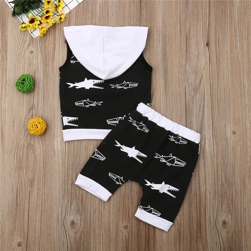 Fashion Summer Kids Baby Boy Outfits Shark Printed 2Pcs Sleeveless Hooded Vest+Elastic Waist Shorts Cotton Clothes Sets 1-6Y | Детская