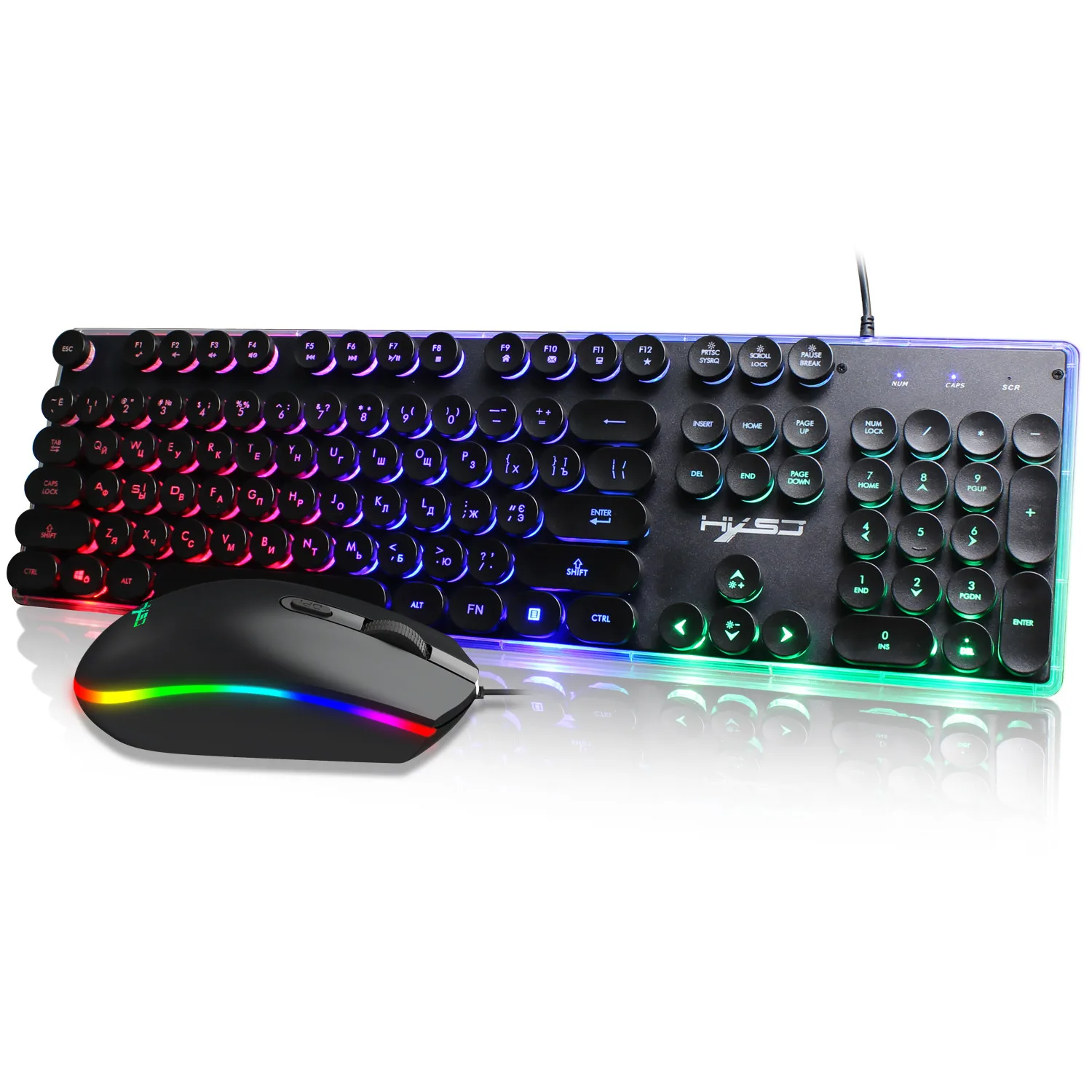 Игровая клавиатура HXSJ V300 с русской мышью и клавиатурой радужной подвеской