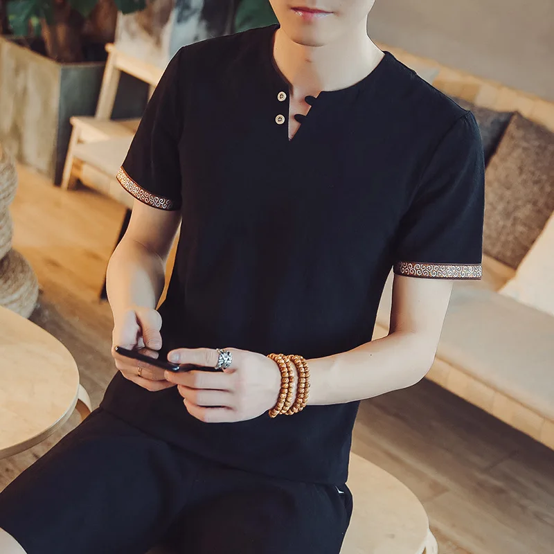 

New Men's Chinese Vintage style Shirt Mandarin Collar Slim Fit Short Sleeves Cotton Linen Casual fashion top Shirt dropshipping