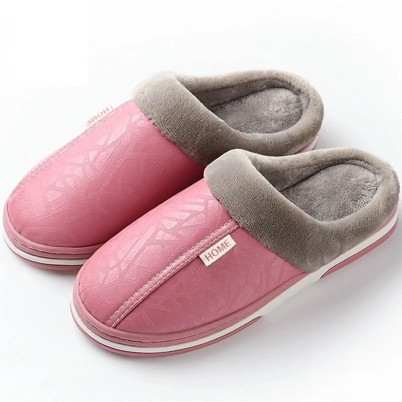 Pink 1 Домашние тапочки для пар; зимние женские плюшевые тапочки из искусственной кожи для влюбленных; большие размеры; домашняя теплая мягкая женская домашняя обувь на меху - Цвет: Pink 1