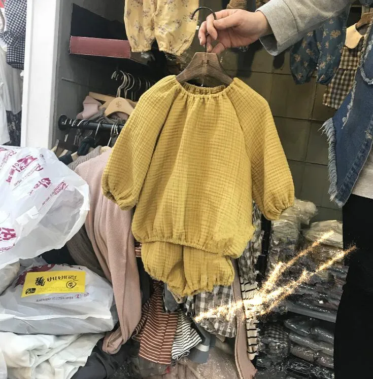 INS/Хлопковые льняные футболки с длинными рукавами для малышей топы и штаны из