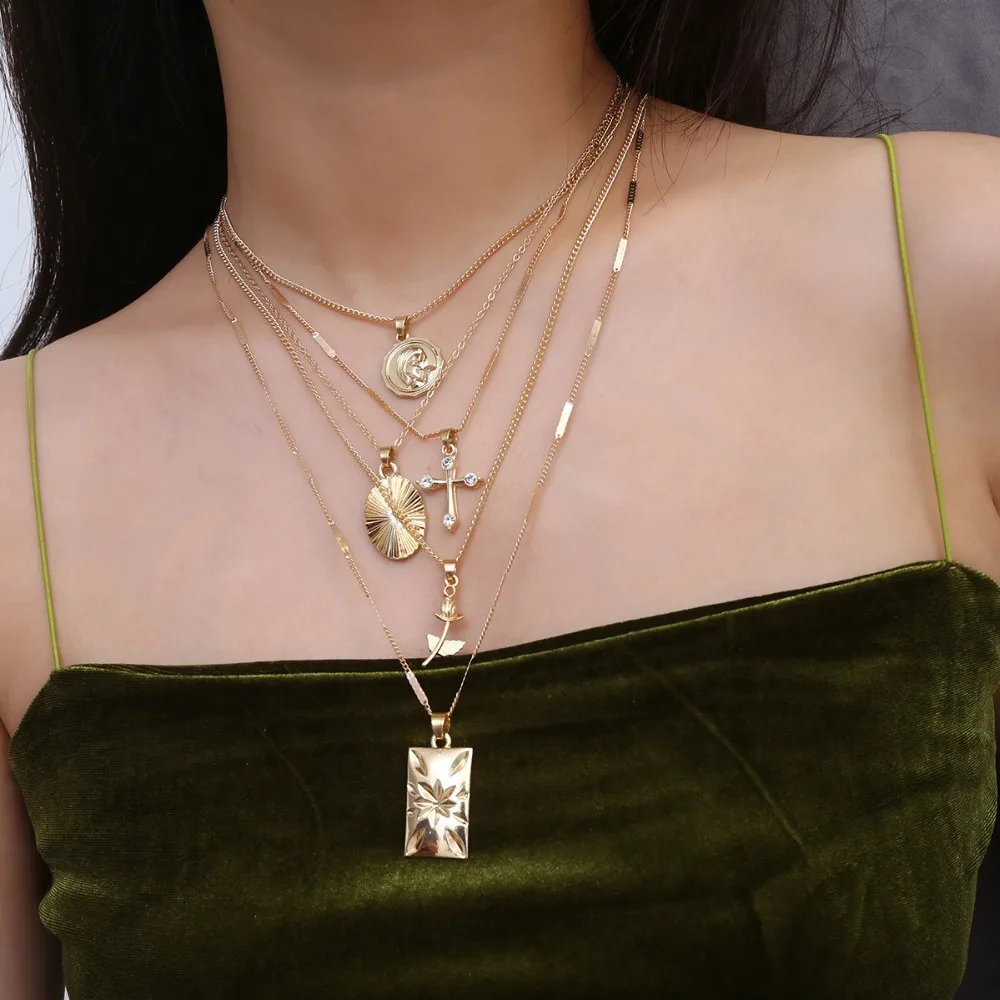 DIEZI многослойное ожерелье-чокер Набор Boho Gold Carve монета с портретом крест подвеска