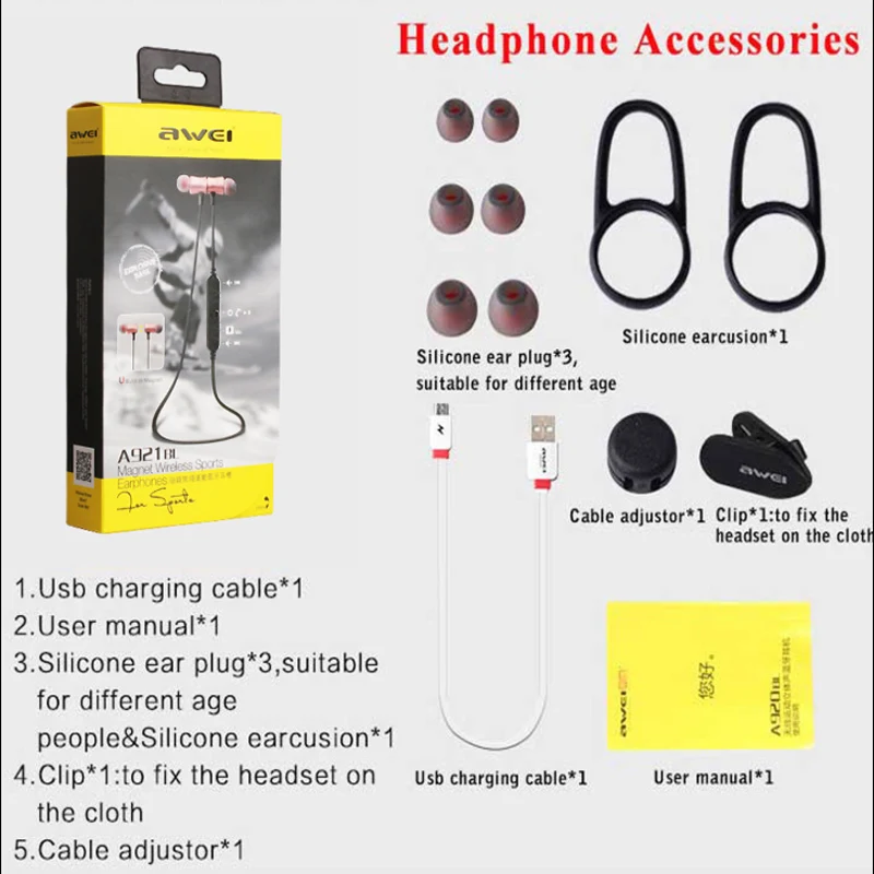 Awei A921BL Bluetooth наушники спортивные беспроводные магнитные стерео с микрофоном