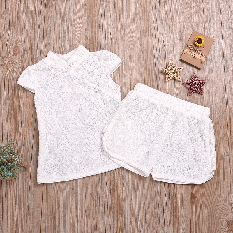 

2PCS Baby Girl Clothing Chinese Style National Cheongsam Summer Short Sleeve Kids Clothes Roupas Bebe Solid Children Clothing
