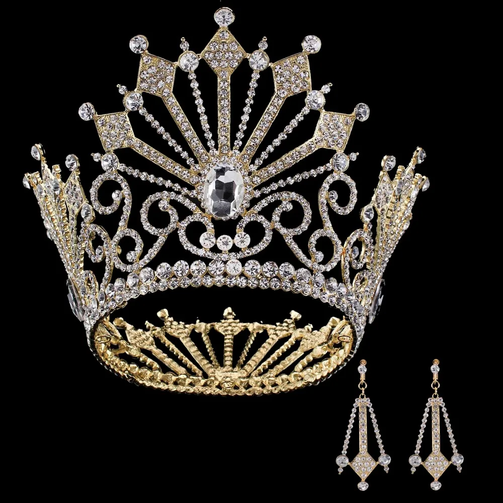 

Pageant Crystal Rhinestone Crown Tiara Earrings for Women Bride Wedding Prom Crowns Luxury Priing Headdress Wedding Hair Jewelry