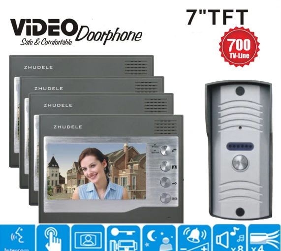 Видеодомофон ZHUDELE устройство для домашней безопасности 7 дюймов 4 монитора ИК