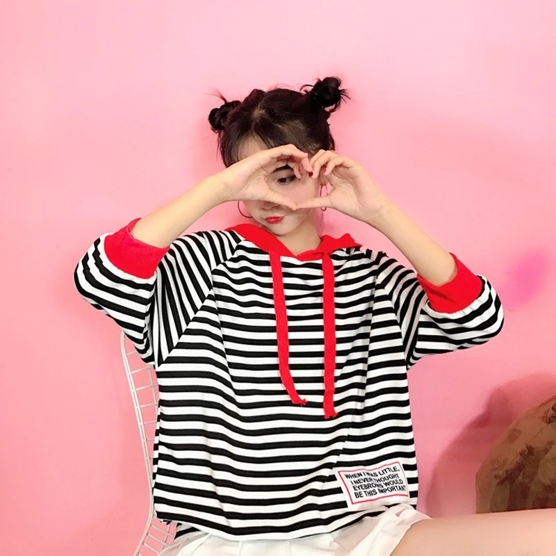 Summer 2017 Korean loose striped hooded hoodies female students all-match seven coat sleeve shirt | Женская одежда