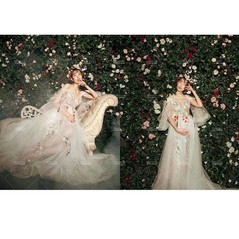 Maternity Photography Props Pregnant Dresses Deep V Collar Clothes Floor Length Embroidery Elegant A Line Photo Shoot | Мать и ребенок