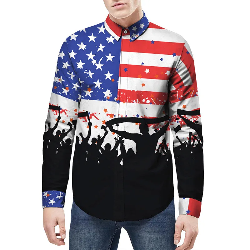 US Flag Carnival Men 3d Print Dress Shirt Long Sleeve Tuxedo Chemise Homme Casual Slim Fit Graffiti EUR Size Dropship |