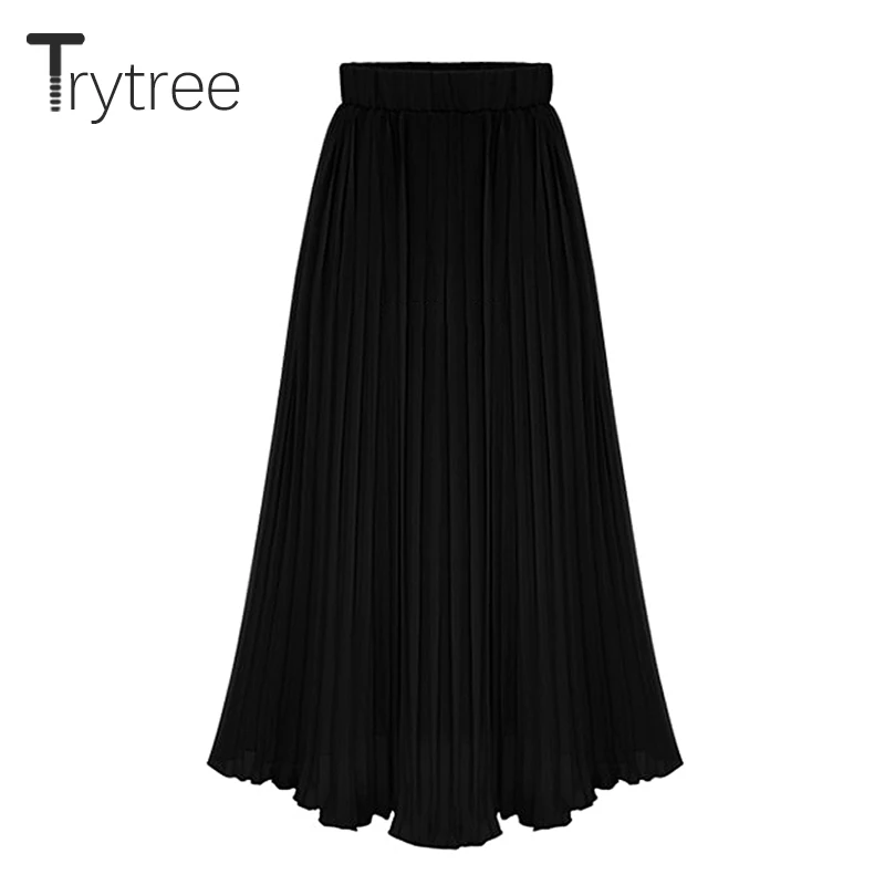 Trytree лето осень плиссированная юбка женская полиэстер 4 цвета Однотонная юбка до середины икры юбки эластичная талия трапециевидная юбка женская