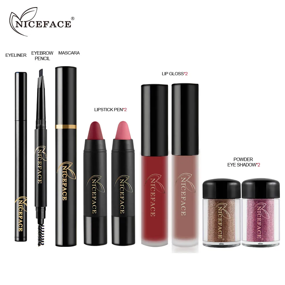 NICEFACE 9 шт./кор. мерцающие тени для век + матовая помада карандаш блеск губ глаза