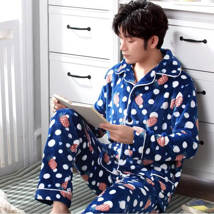 Fashion Brand Luxury Winter Pajamas Men Sleepwear Thick Warm Coral Fleece Mens Pajama Set Male Nightwear Leisure Home Clothing