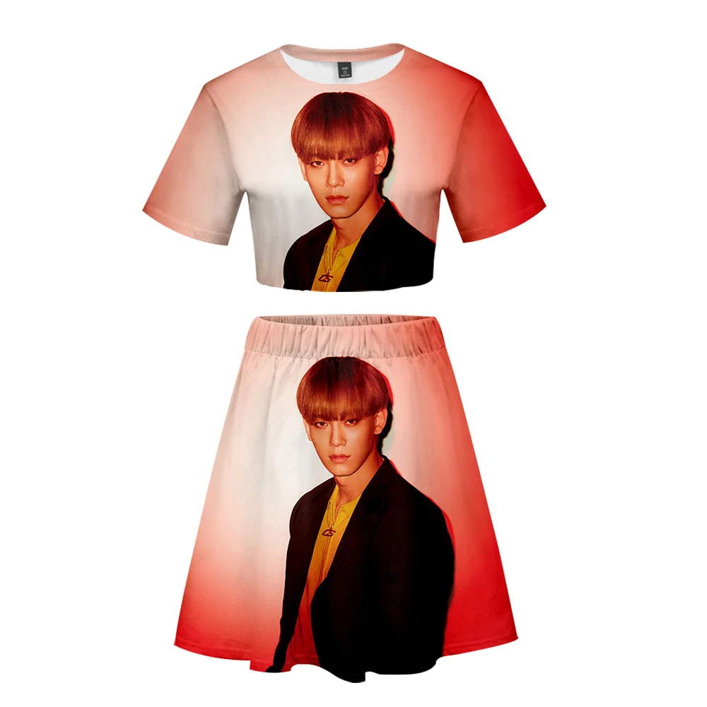 Kpop Bang Store EXO Love Shot 3D Printed Women Two Piece Sets Fashion Summer Short Sleeve Crop Tops+Skirts 2019 Casual Sexy Wear |