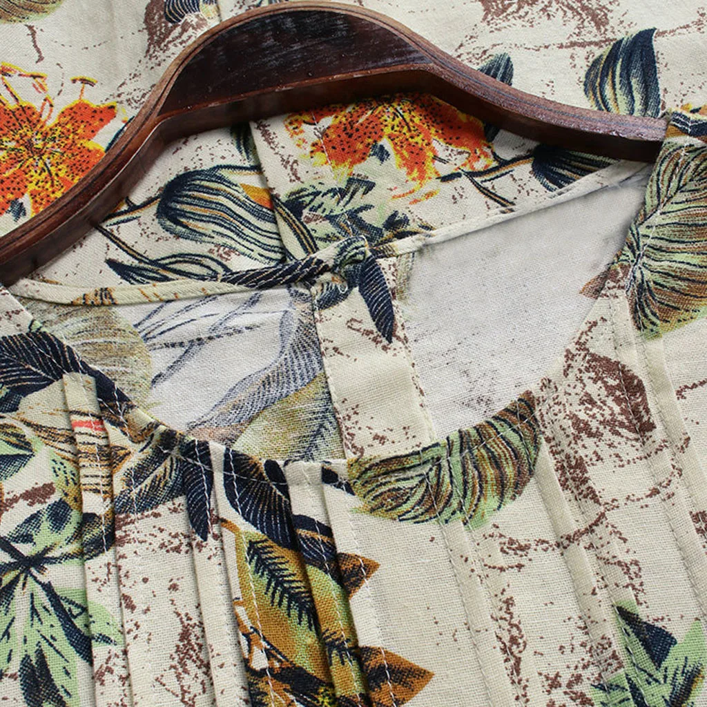 

FREE OSTRICH Women Shirts Cotton And Linen O-Neck Short Sleeve Loose Printing Pleated Elegant Noble Simple Summer Blouse Shirts