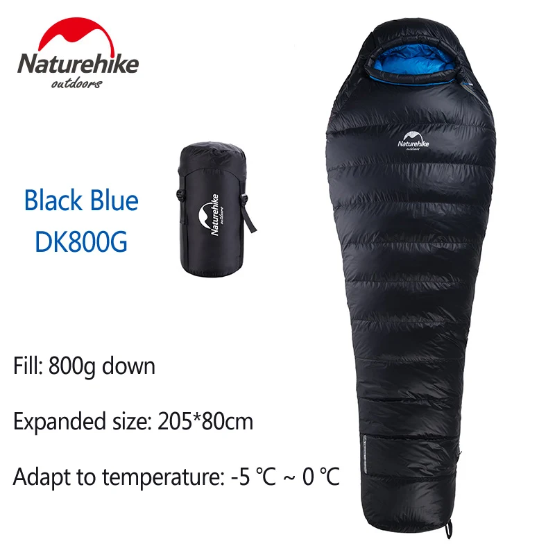 Сверхлегкий зимний спальный мешок Naturehike с утиным пухом, 400 г, 800 г, 1000 г, для кемпинга, 3 сезона, легкий спальный мешок для взрослых - Цвет: Black Blue 800G