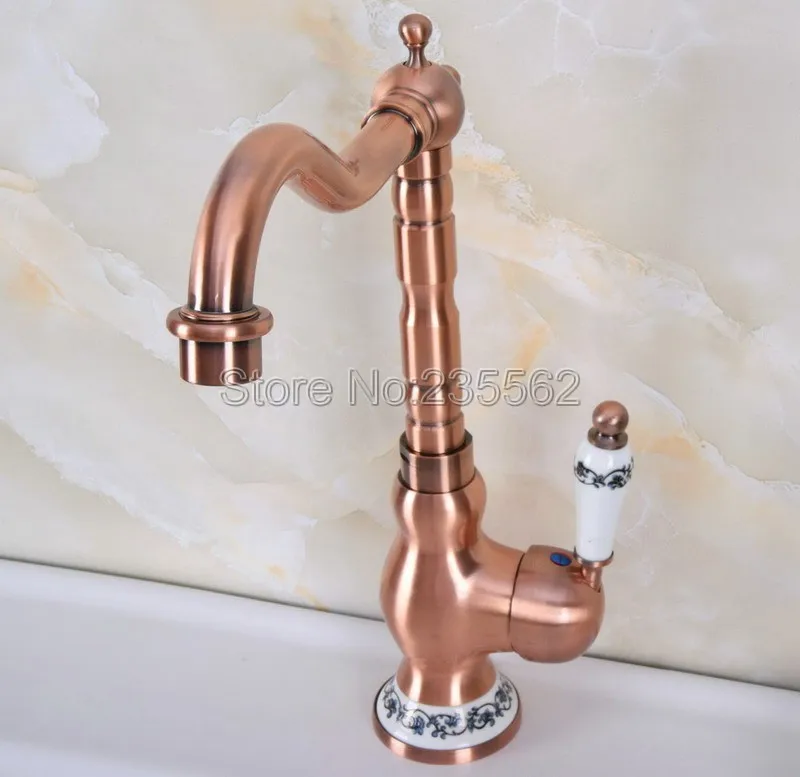 

Swivel Spout Antique Red Copper Bathroom Faucet Deck Mounted Single Handle Cold and Hot Water Taps Basin / Sink Faucets lnf638