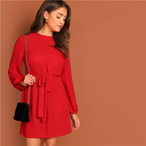 Color as picture SHEIN Однотонное Платье С Поясом Женское Платье Повседневные Осенние Платья - Цвет: Color as picture