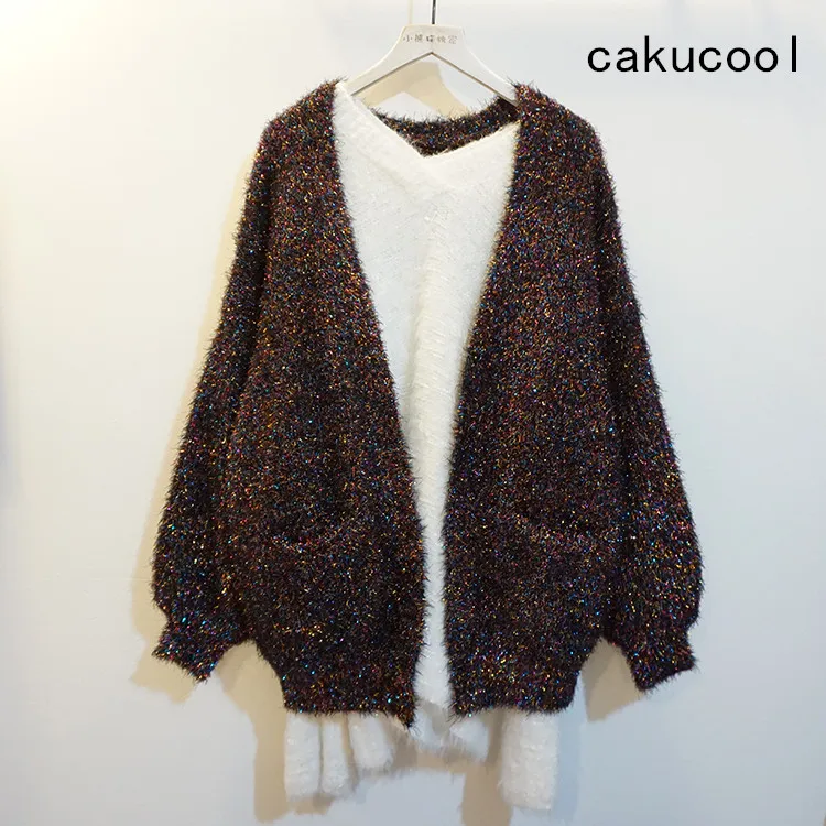 Женский вязаный кардиган с люрексом Cakucool Свободный Повседневный свитер длинными