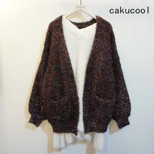 Женский вязаный кардиган с люрексом Cakucool, Свободный Повседневный свитер с длинными рукавами-фонариками и V-образным вырезом, украшенный золотом