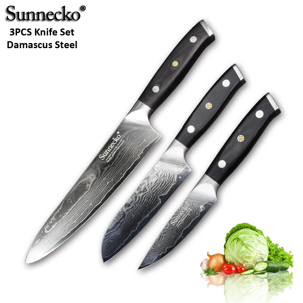 

SUNNECKO 2018 3 шт. 8 "Chef 5" Santoku 3,5 "набор ножей из дамасской стали VG10 Core японские кухонные ножи G10 шлифовальная ручка