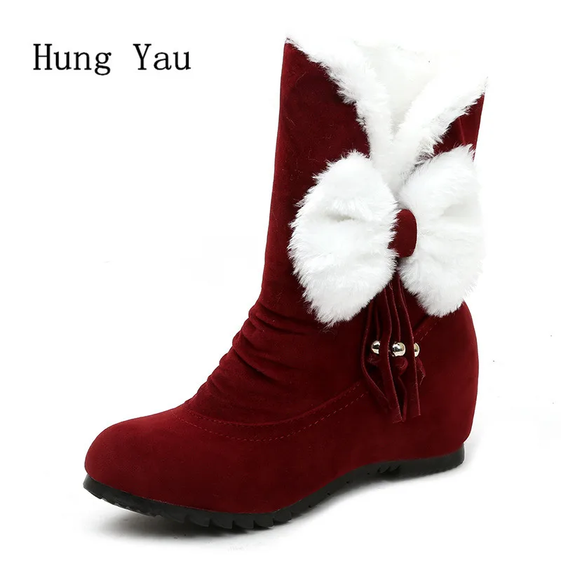 

Women Snow Boots Mid-Calf 2018 Winter Warm Fringe Butterfly-knot Female Casual Shoes Flat Fashion Height Increasing Platform