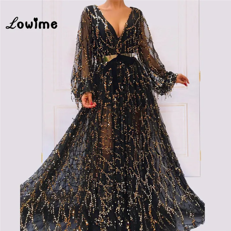 

Black Evening Dresses With Gold Sequin V Neck Illusion Sexy Party Gowns 2018 Custom Robe De Soiree Cheap Prom Dress Long Sleeves