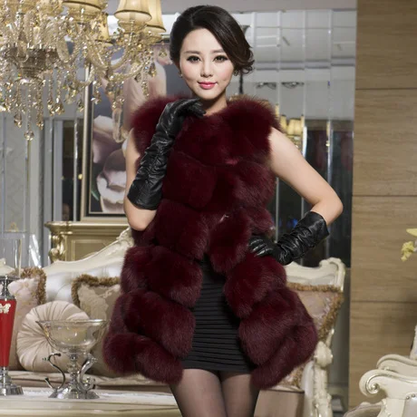 

Luxury Winter Women's Genuine Natural Fox Fur Vest Lady Slim Waistcoat Leather Patchwork VF0302