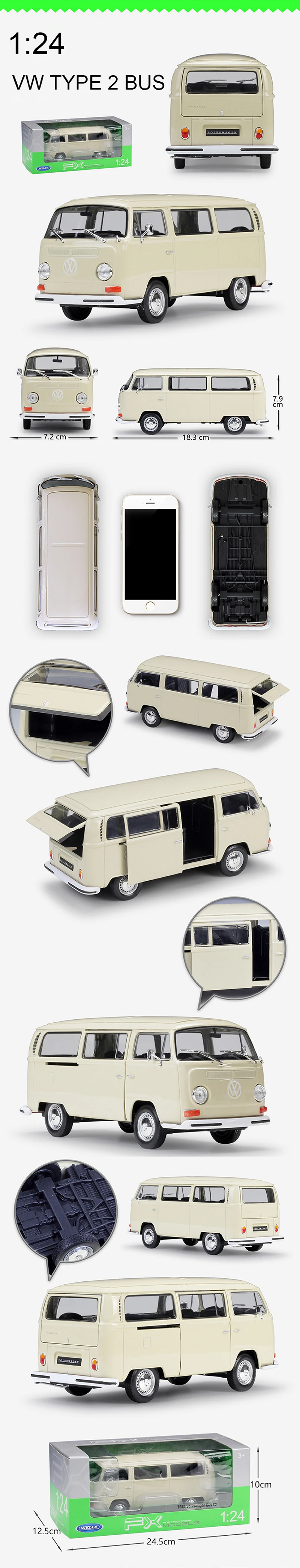 Welly 1:24 Литой Автомобиль VW TYPE 2 T2 автобус MPV фургон автомобили 1:24 металлический автомобиль коллекционные модели игрушки для подарка