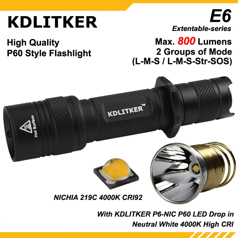 KDLITKER E6 w/Nichia 219C 4000K CR192 800 люмен 3в 9в P60 стильный светодиодный фонарик (1x18650 или