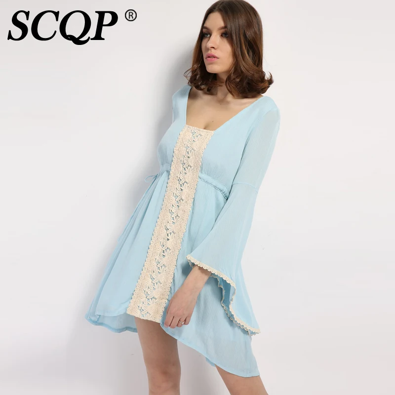 SCQP Вышивка Цветочные Лук Богемный Dress Flare Рукавом Дамы Спинки Автопортрет Мини Sexy