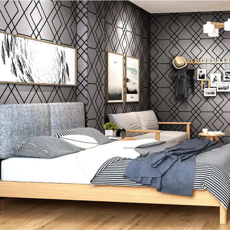 

Walltalk Geometric Wall Papers Nordic Grey Grid Pattern Wallpaper Strip for Living Room Bedroom Walls PVC Wall Decoration