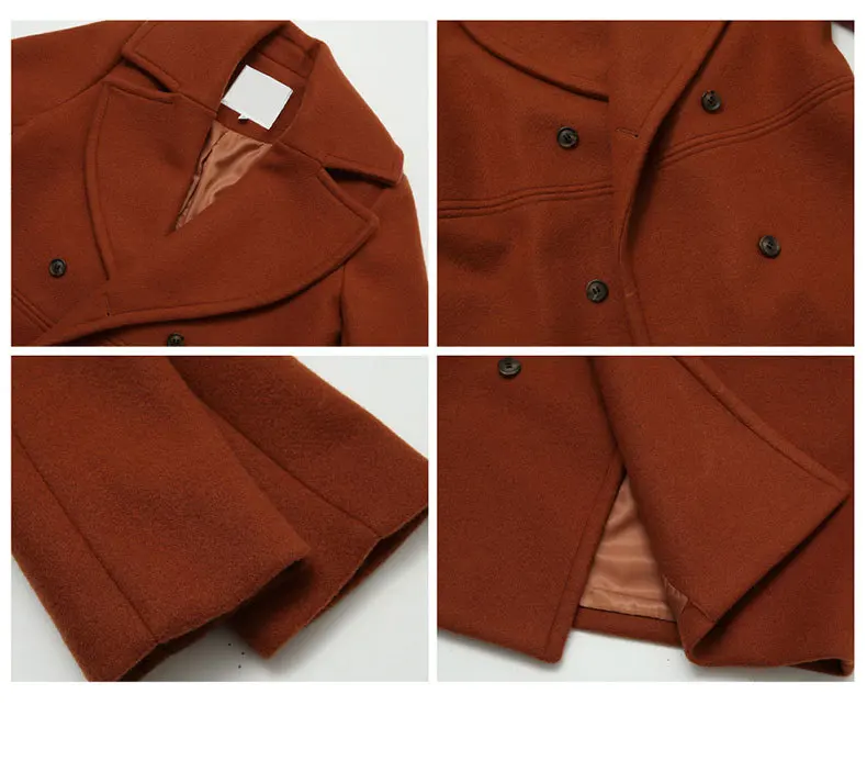 

new solid turn-down collar double breasted long woman coats fashion wide-waist pockets wool blends female coat