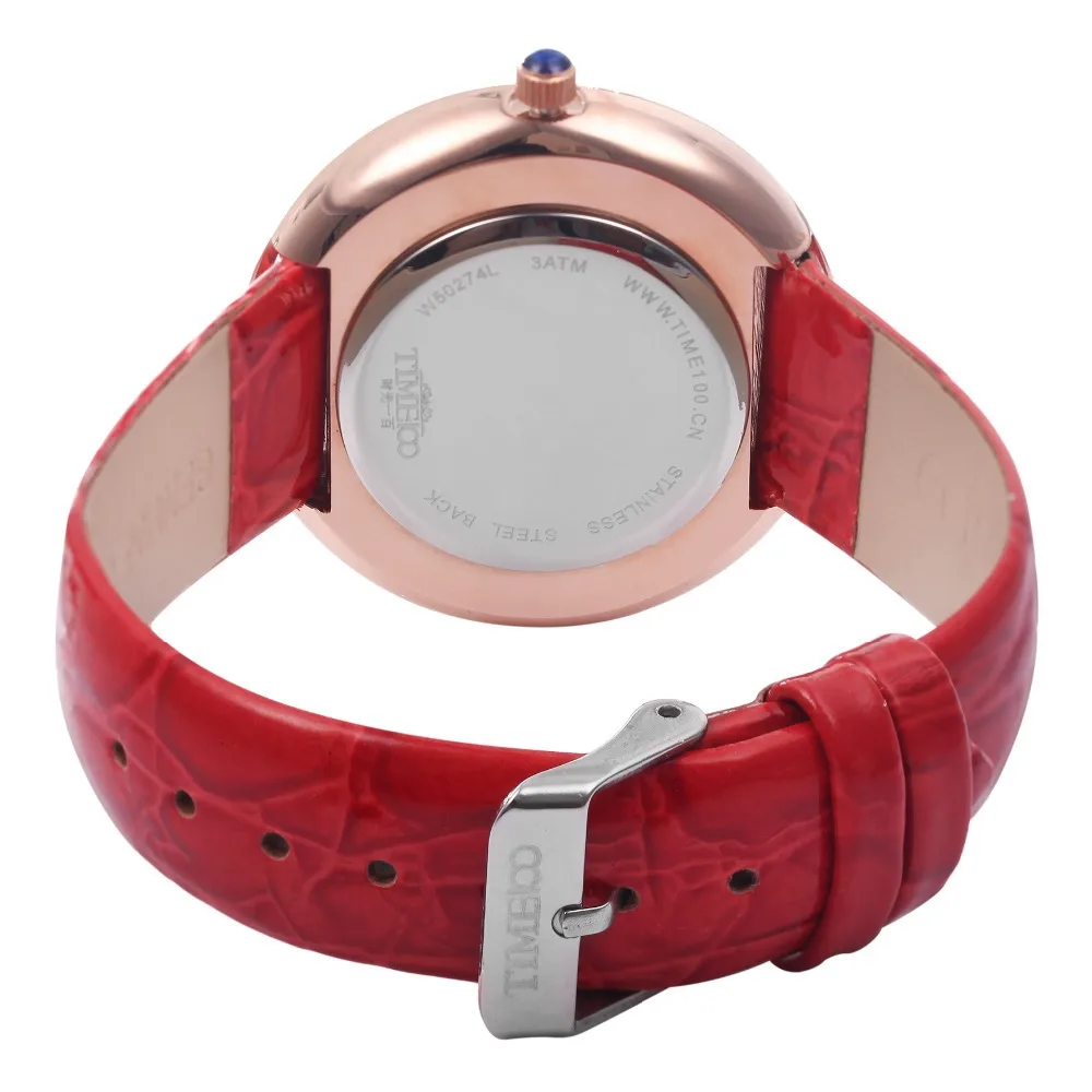 TIME100 Женские стрелочные часы трехочковый Алмазов Кварцевые Часы Красный Кожаный