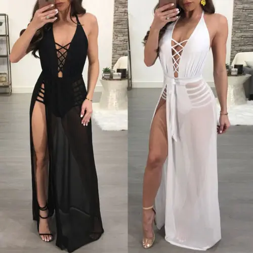 Женский сетчатый комбинезон с v-образным вырезом на шнуровке открытой спиной