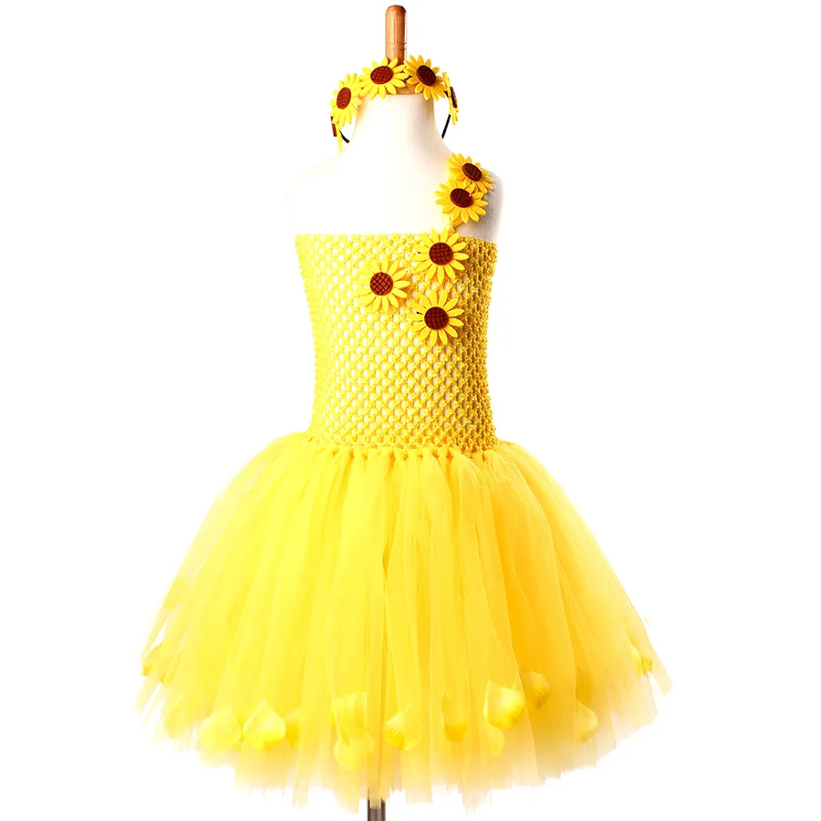 Платье-пачка с подсолнухами для девочек украшенное повязкой на голову Тюлевое