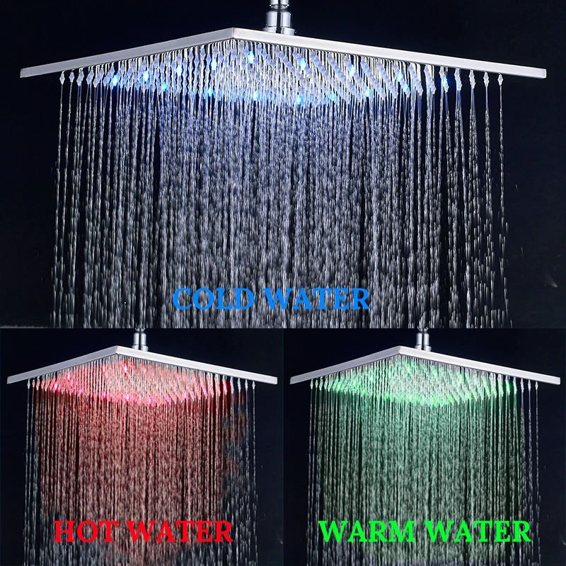 

Luxury Brushed Nickel/Chrome/Black LED 16inch Rainfall Shower Head Stainless Steel Square Color Changing Lights Showerhead