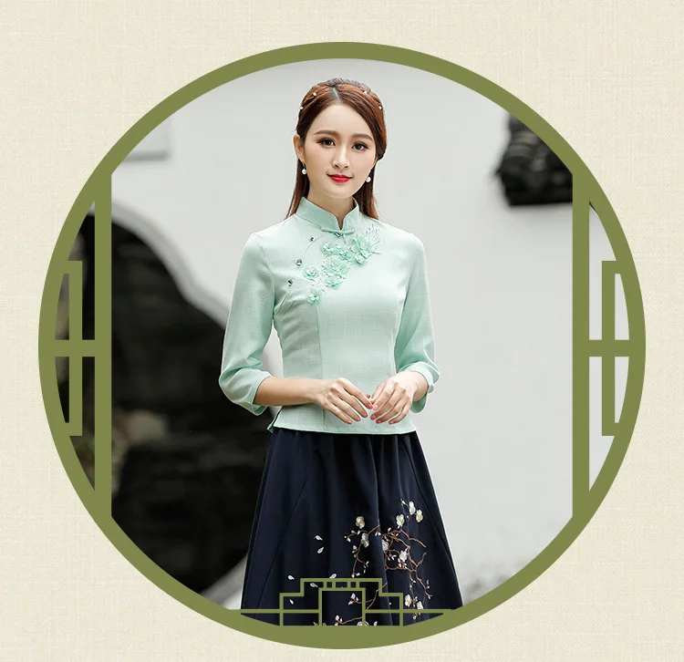 Женская зеленая блуза Cheongsam в китайском стиле, повседневная одежда guzheng с рукавом в древнем стиле, рубашки Qipao, топы летнего размера плюс