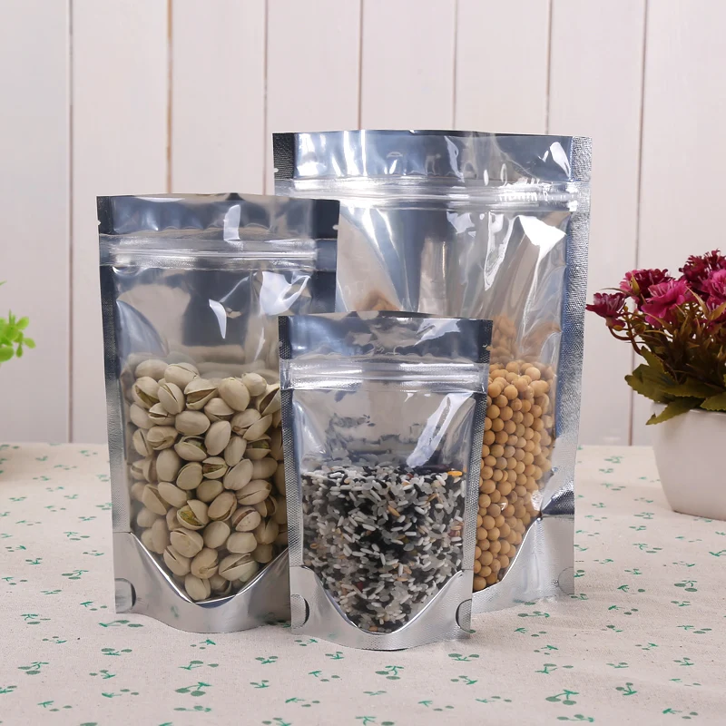 

24*37cm,100 X Stand translucent aluminium ziplock bag,Reusable silver aluminized foil plastic pouch zipper seal with front clear