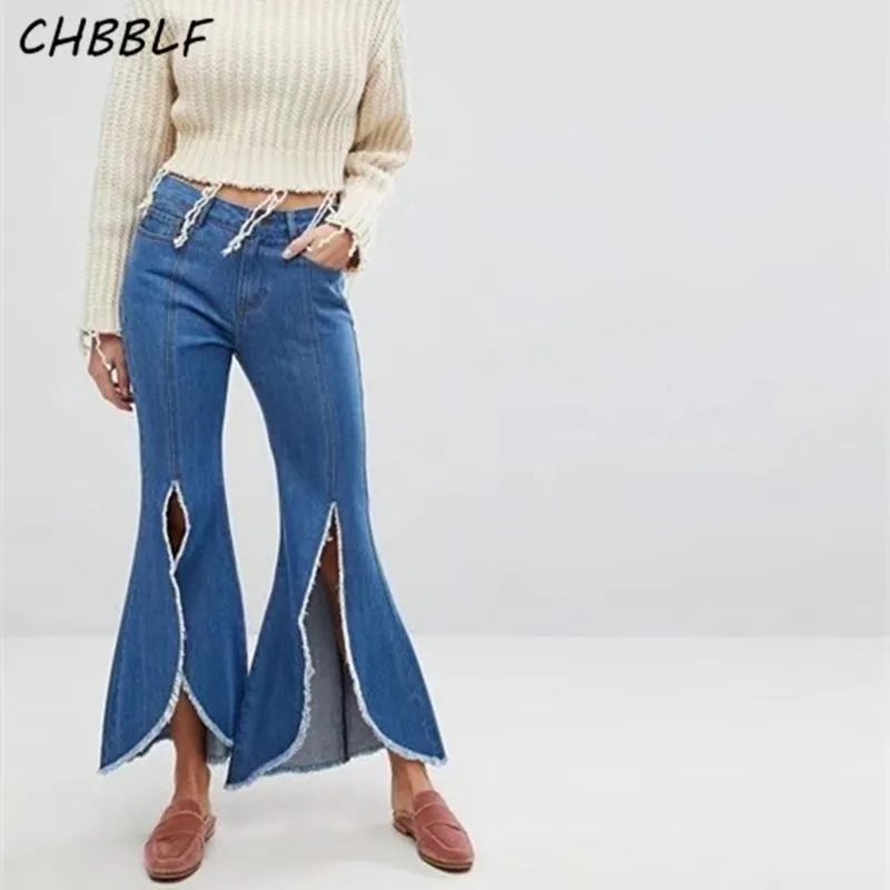 

split flared jeans ladies fashion jeans ankle length pants European style high waist ladies casual brand trousers QSQ3101