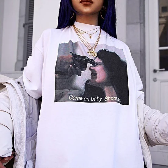 Забавная женская футболка kuakuayu HJN с надписью Come on Baby Shoot Me Модные Винтажные