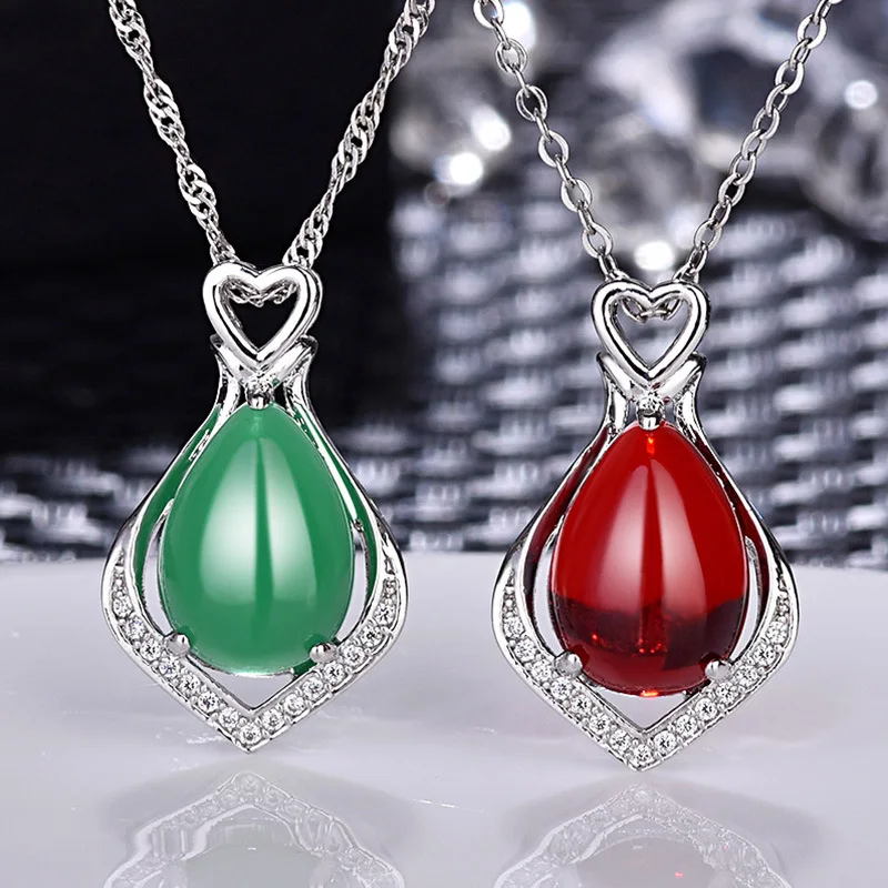 

Chalcedony Pendant Necklace for Women Silver Jewelry Lady's Necklace Natural Green Oval Carnelian Pendant
