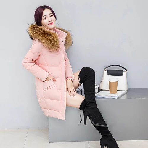 Pink KMETRAM/зимняя куртка-пуховик на 90% белом утином пуху для женщин с воротником из натурального меха енота и капюшоном, длинное пальто для женщин, большие размеры, толстые парки MY619 - Цвет: Pink