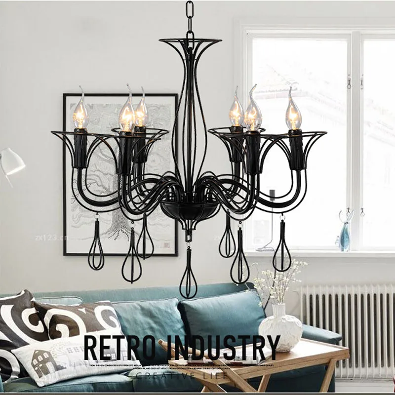 Ретро креативная черная железная люстра 6 головок свеча Американская деревня