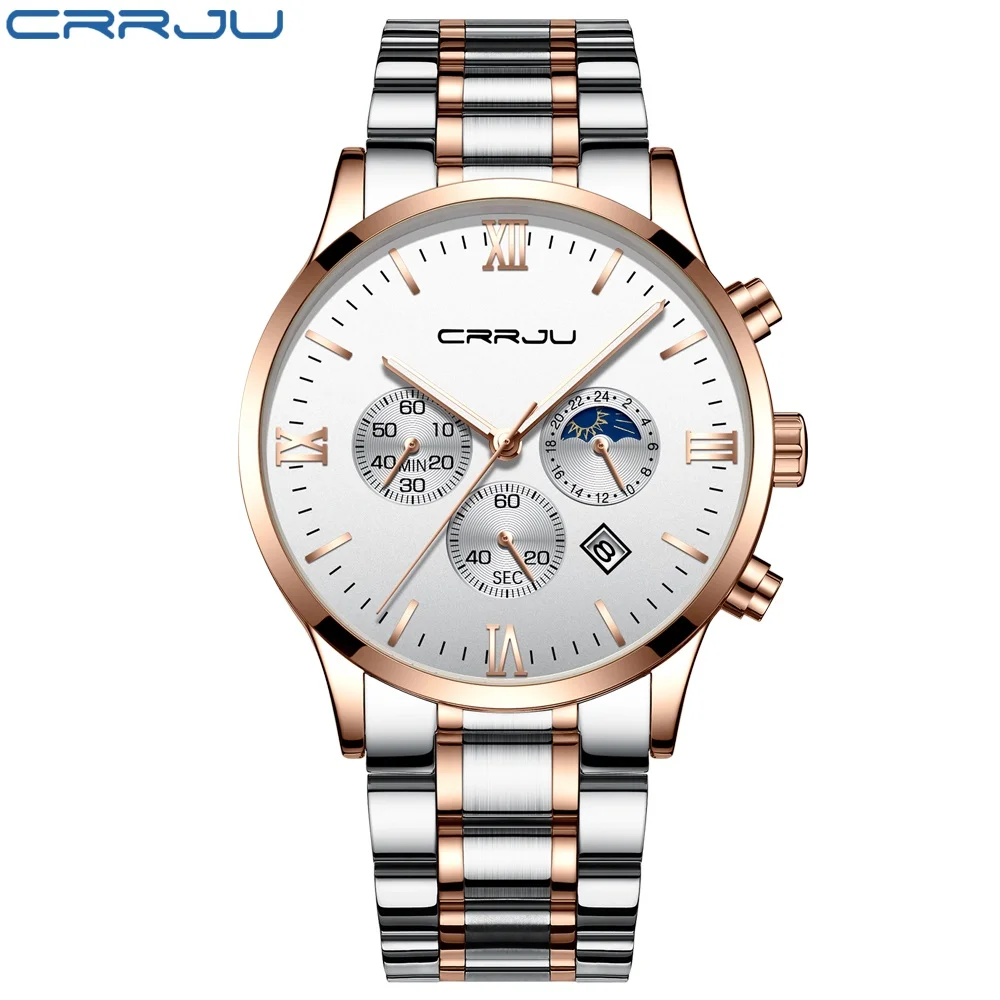 Steel rose white Мужские кварцевые часы с большим лицом CRRJU бизнес секундомер часы с кожаным ремнем светящиеся мужские Ретро спортивные часы Relogio Masculino - Цвет: Steel rose white