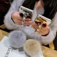 luxury fashion diamond pearl hand chain cute fur ball mirror case cover for iphone 12 mini 11 pro xs max xr x 8 7 6 6s plus se