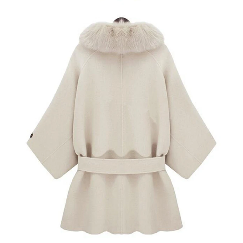 ZADORIN Womens Woolen Coats Solid Three Quarter Sleeve Fur Collar Woolen Coat Elegant Vintage White Cape Coat trench coat